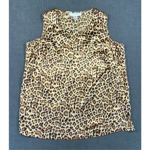 Y2K Leopard Print Satin Tank Top‎ Allison Woods Women 16 Brown Gold Sleeveless